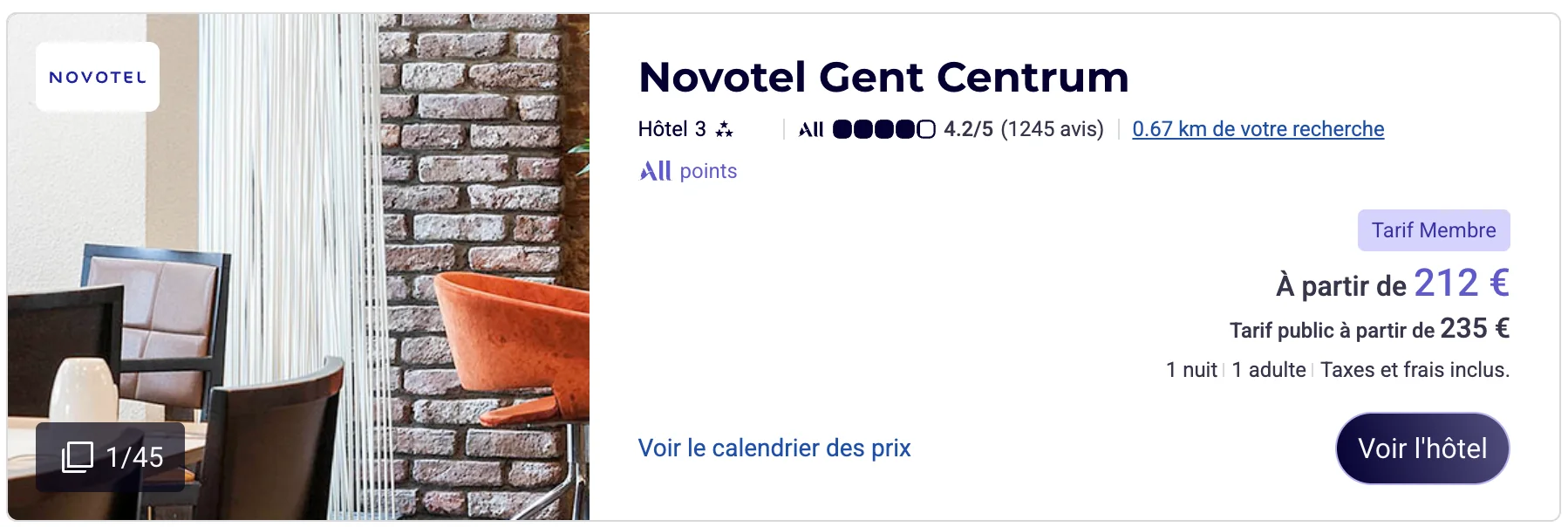 Hotel listing showing a member price of 212 euros and a public price of 235 euros.
