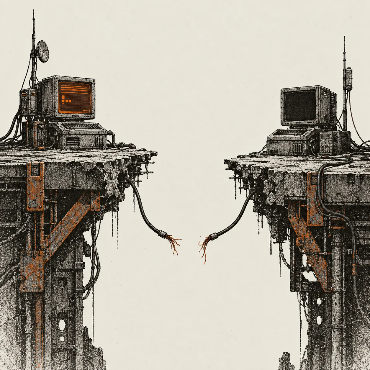 Two computer outposts separated by a broken communication link.