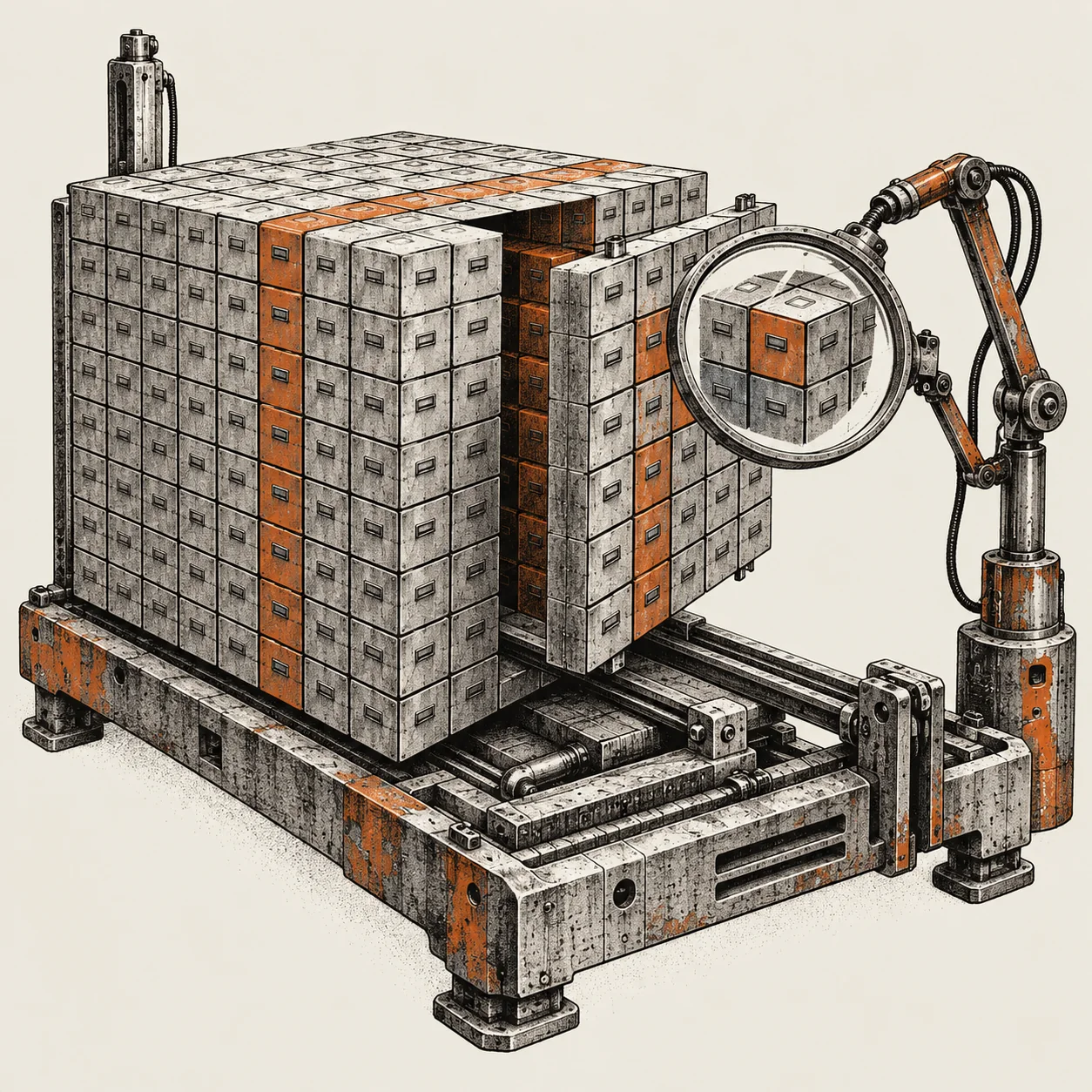 A mechanical analytical cube with a separated slice and an inspection lens.