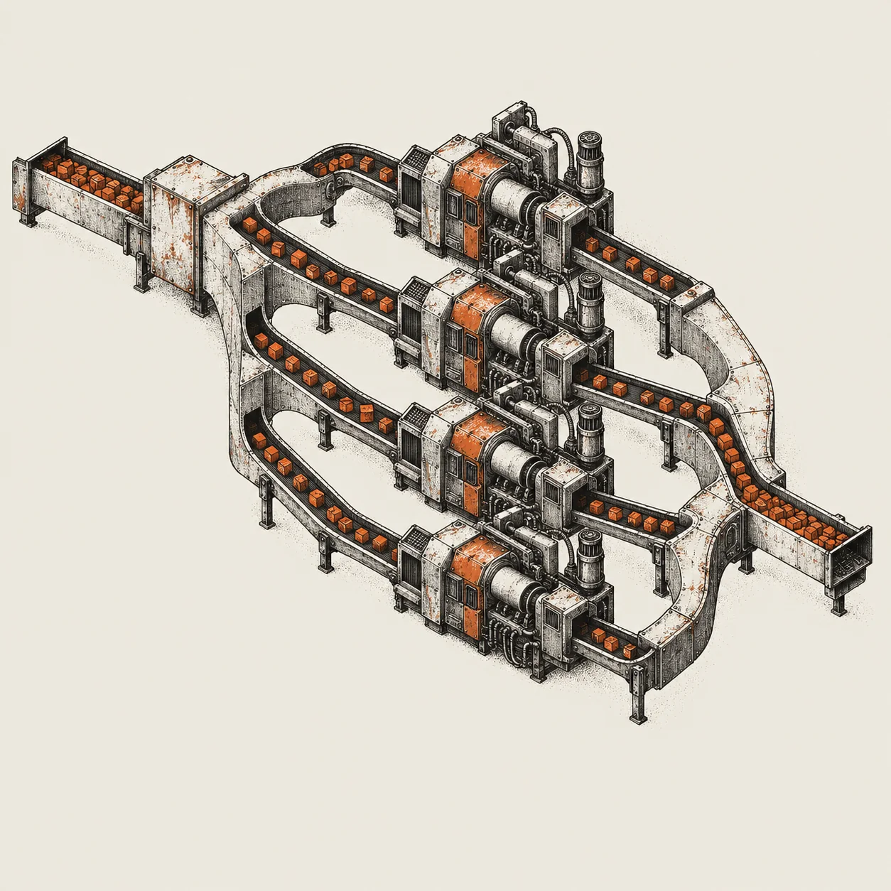 Industrial processing lanes dividing a workload between parallel machines.