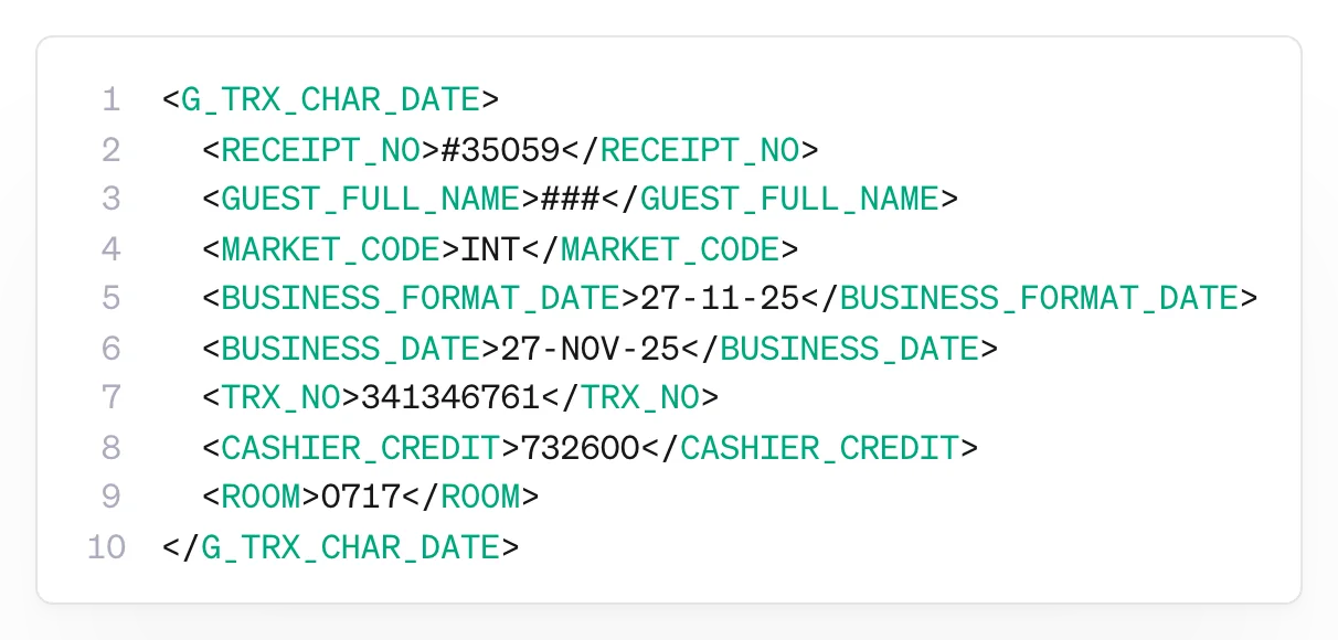 XML transaction record with receipt, market, date and room fields.